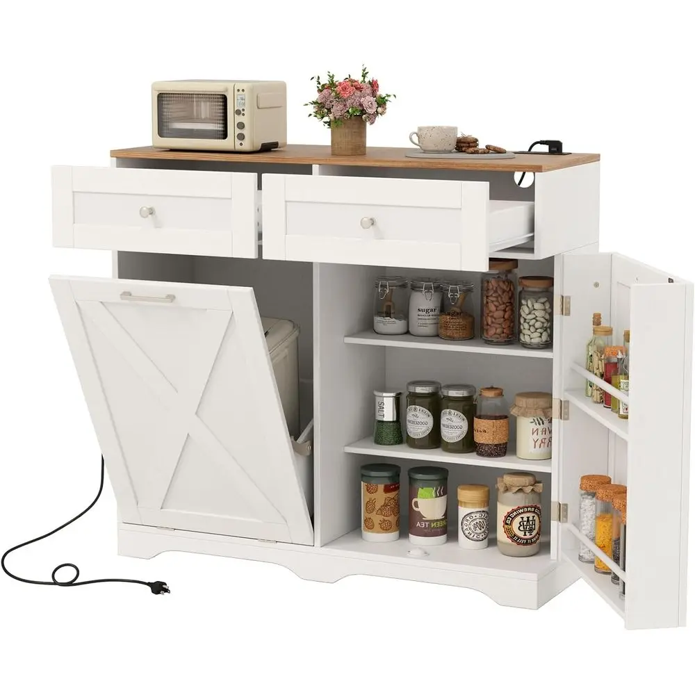 

Выдвижной шкаф для мусора на 10 галлонов с розеткой, 2 ящиками, регулируемыми полками и скрытым хранилищем для кухни или стирки