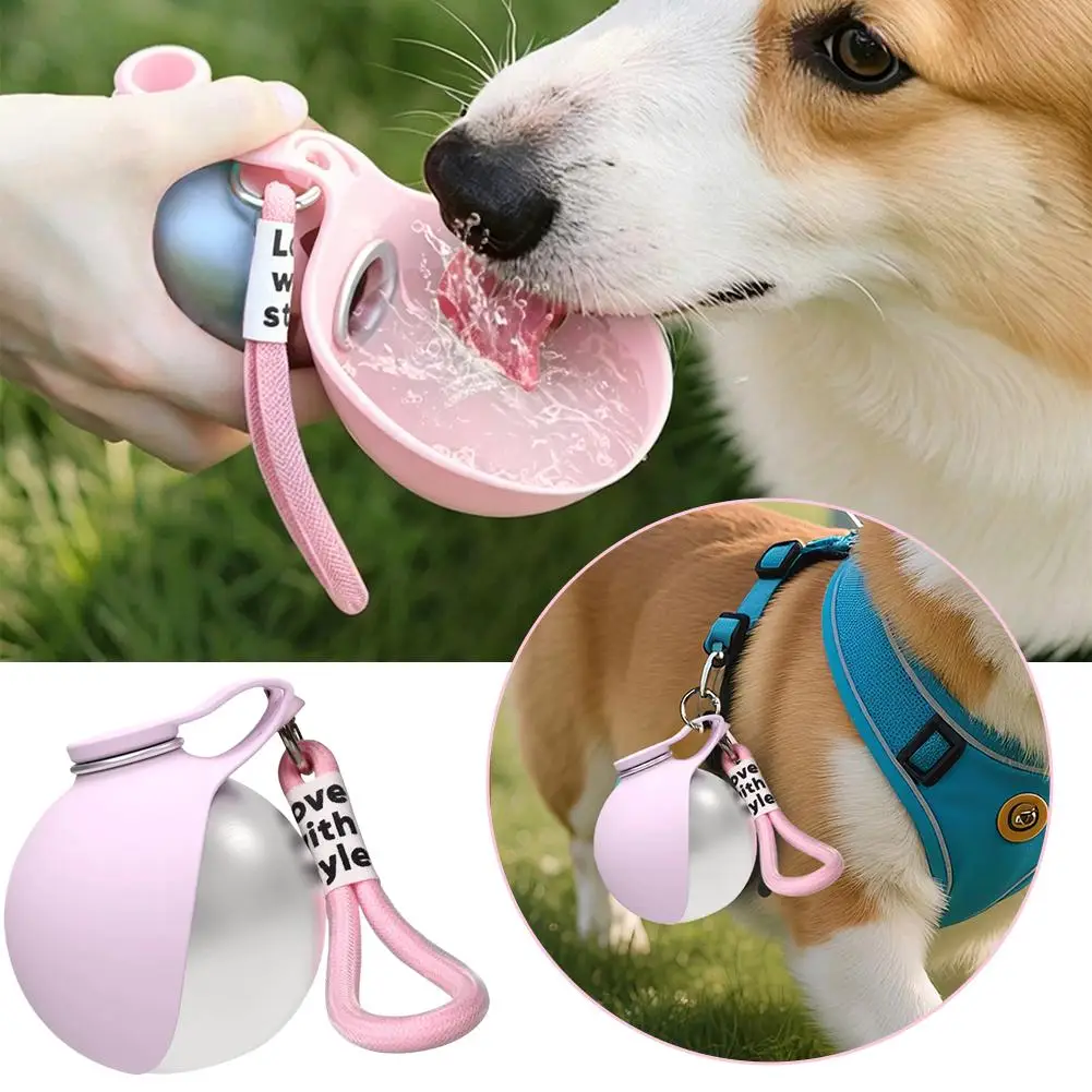 Stainless Steel Water Kettle Round Outdoor Water Cup With Lanyard Hook Foldable Silicone Dog Bowl Portable Travel Pet Feedin