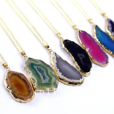 Agate Stone Slice Crystal Geode Pendant Gold Plated Colorful Natural Agate Rough Stone Slice Necklace Sweater Chain