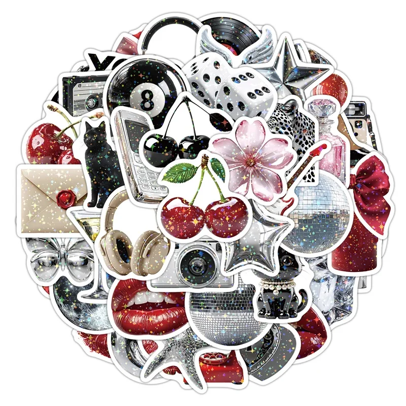10/30/50PCS Cute Black Sliver Red PVC Sticker Aesthetic Decoration Scrapbooking DIY Laptop Luggage Skateboard Supplies