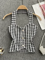 Summer New Buttons Stylish Houndstooth Halter Top for Women Sleeveless Casual Shirt with Chic Pattern Crop Top