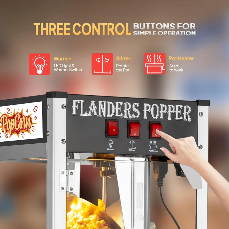 ماكينة صنع الفشار ROVSUN مع عربة وعجلات وغلاية 8 أونصة تشكل ما يصل إلى 32 كوبًا معتمدة من ETL، ماكينة صنع الفشار مع موزعات الحلوى