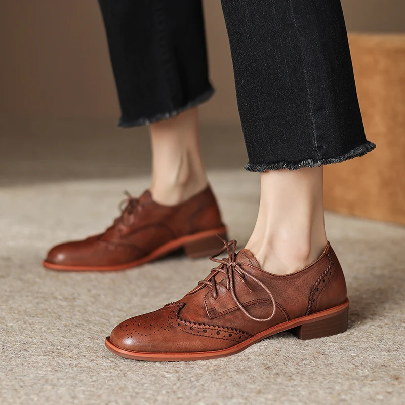 2026 new spring summer women pumps natural leather 22-26.5cm Washed leather cowhide+pigskin round toe Hollow Block women shoes