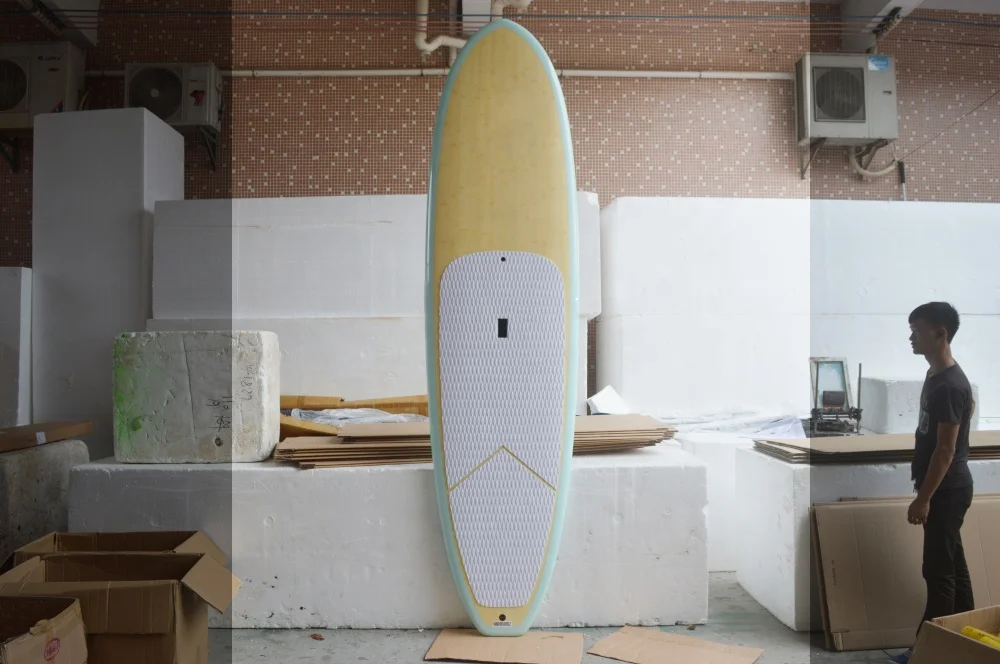 OEM Water Surfing Bamboo grain Wooden Fiberglass Double layers EPS Foam carbon fiber SUP stand up paddle board