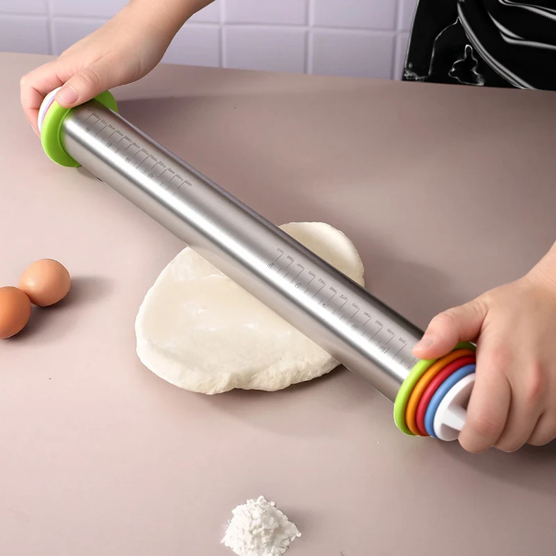 17 Inch Stainless Steel Adjustable Rolling Pin with 4 Thickness Removable Rings Dough Roller for Pizza Cookie Baking Tools