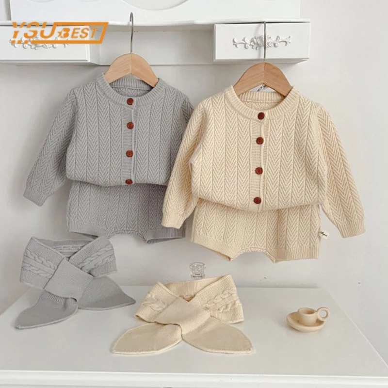 

Infant Kids Baby Boys Girls Long Sleeve Solid Color Knit Coat + Shorts Clothing Sets Leisure Kids Baby Children's Clothes Suit