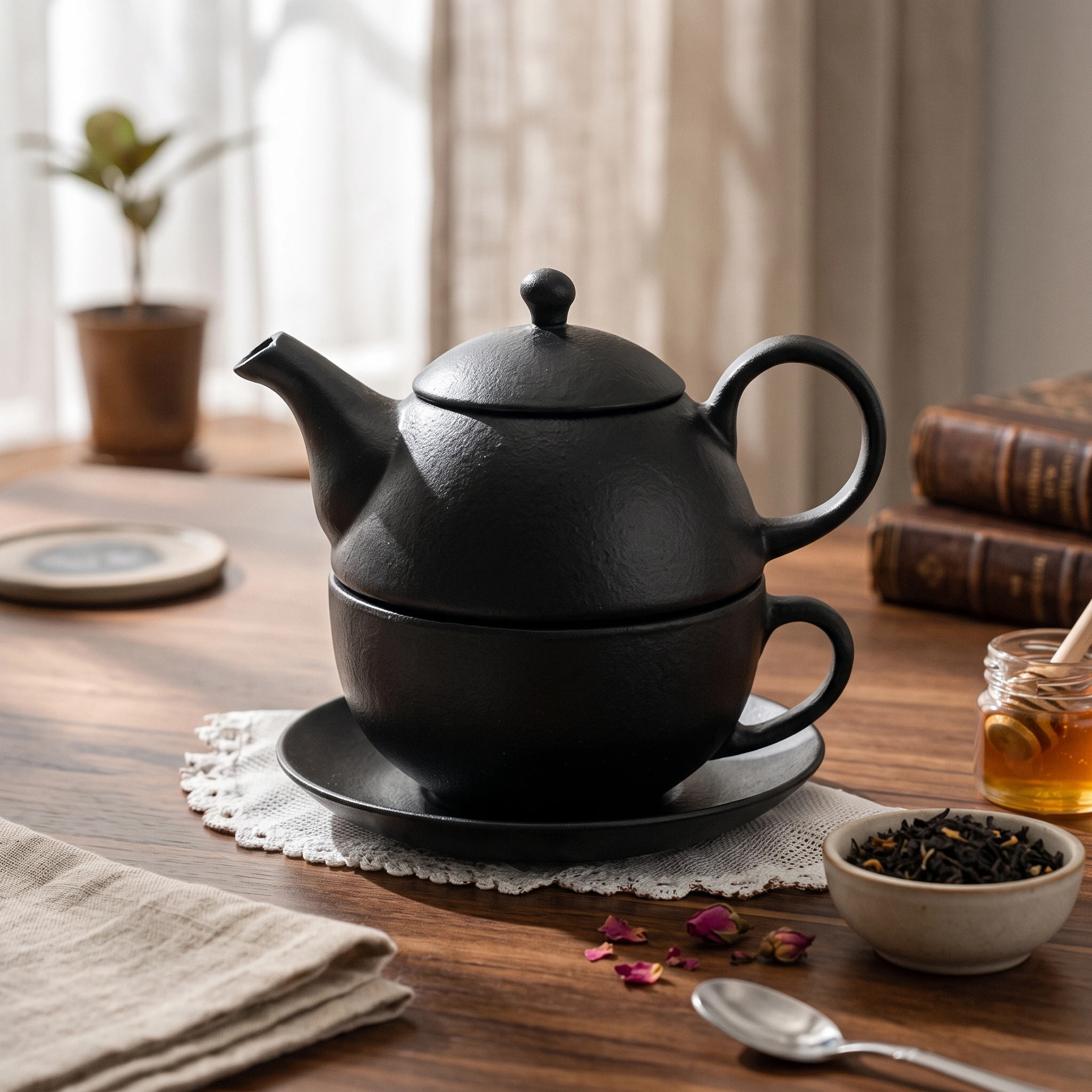 Cast Iron Tea Set Sturdy Teapot with Side Handle Teapot with Cups Compact for Hosts, Office