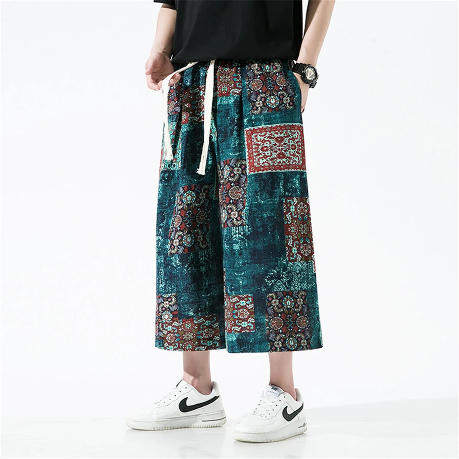 Large Size Mens Wide-leg Pant Vintage Print Ankle Length Pants Men 2025 Summer New Harajuku Baggy Linen Casual Trousers Male