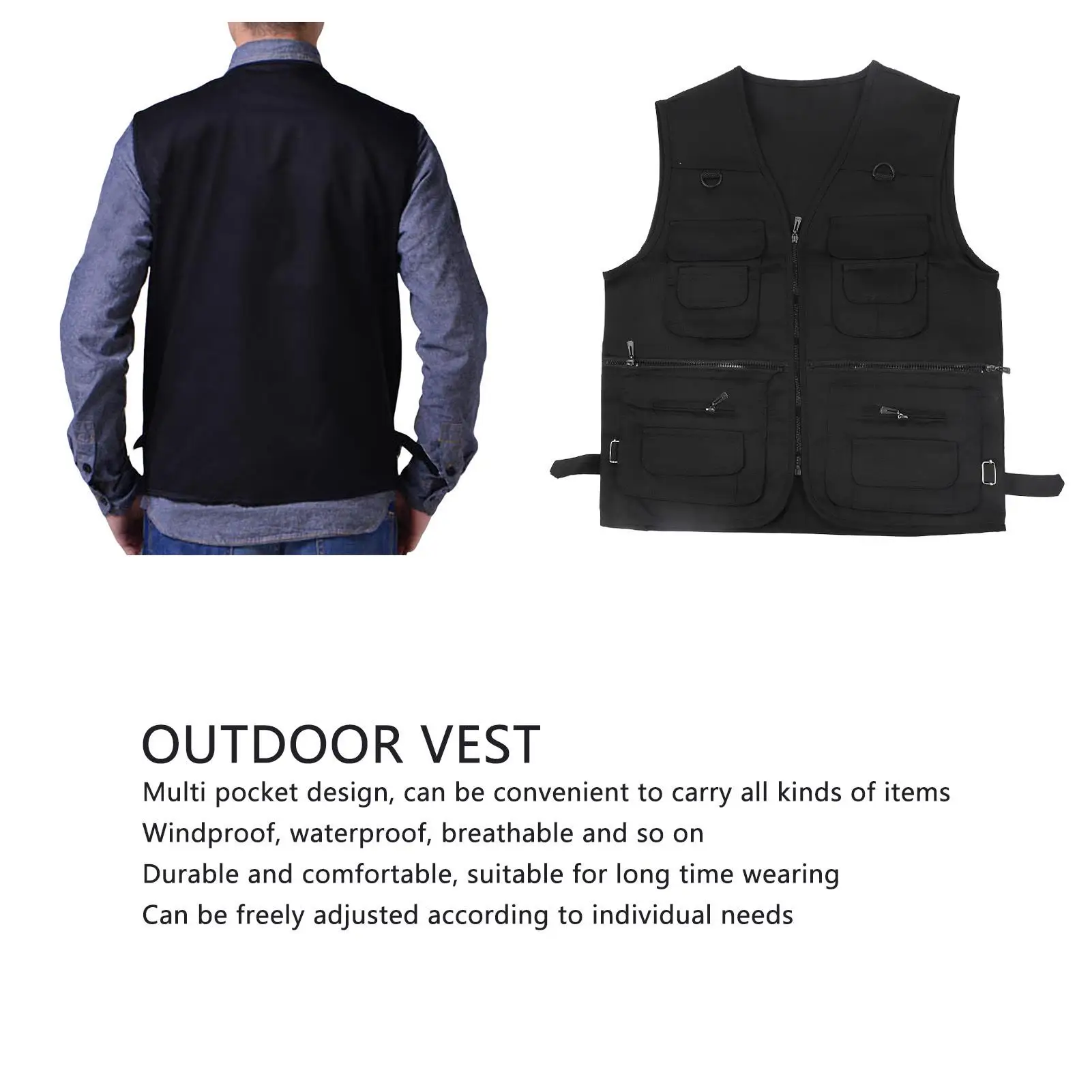 Waterproof Black Outdoor Work Vest - Breathable Cotton Blend, Adjustable for fishing Gear