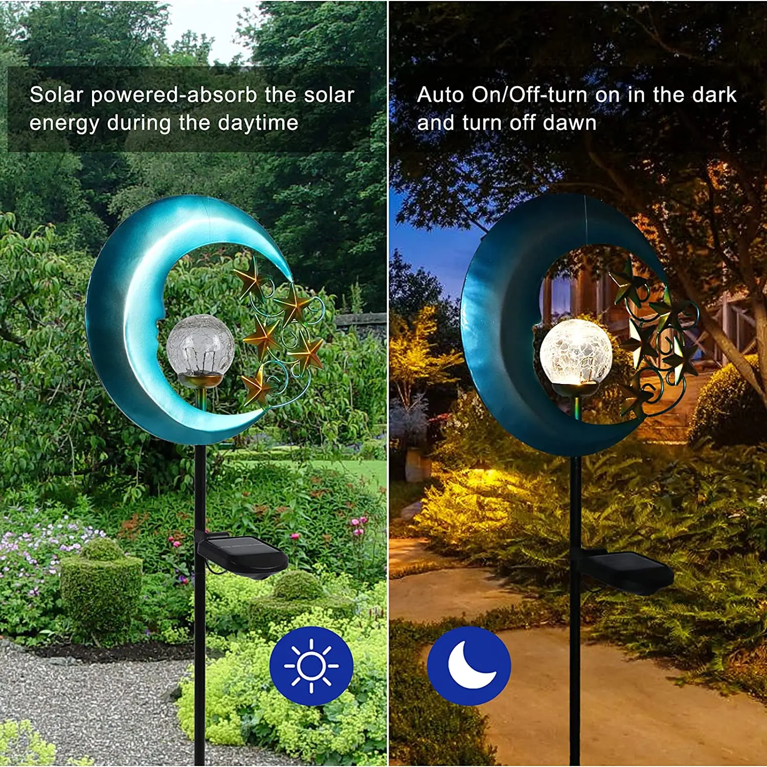 Luci da giardino a energia solare per esterni, globo decorativo in vetro Crackle, illuminazione paesaggistica impermeabile, stelle e luna