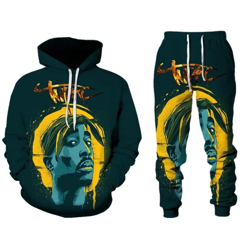 Rap Singer 2 PAC Tupac 3D-gedruckter Hoodie-Anzug für Herren, Sweatshirts, Jogginghose, lässige Mode, zweiteiliges Trainingsanzug-Set, Herrenbekleidung