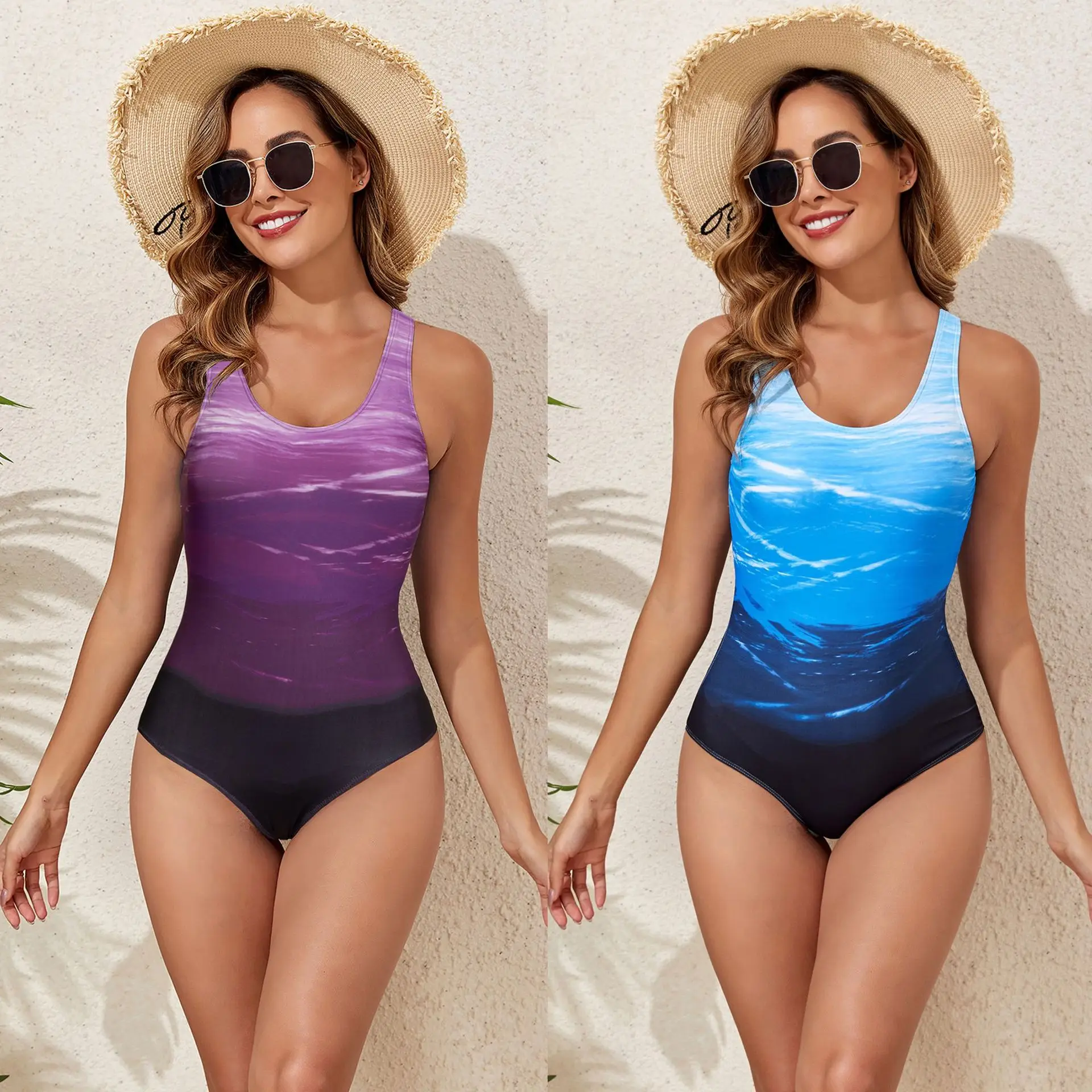 2026 Women‘s Ombre One Piece Swimsuit Gradient Color Competitive Bathing Suit Summer One Piece Bodysuit Bandage Swimsuit Female