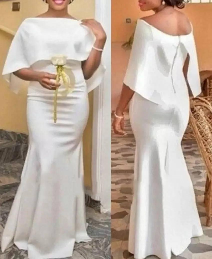 

Elegant 2025 African Evening Dresses Cap Sleeve Off Shoulder Mermaid Satin Prom Formal Gowns Arabic Dubai Robe De Soiree
