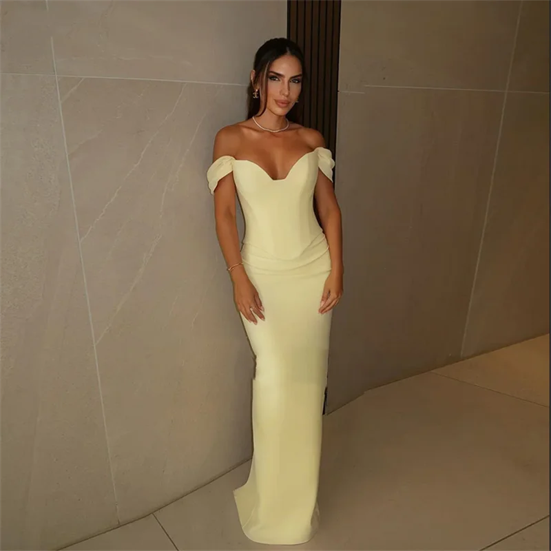 

Современные вечерние платья русалки с открытыми плечами, желтые атласные вечерние платья, женский корсет сзади, халат Cérémonie Femme по индивидуальному заказу