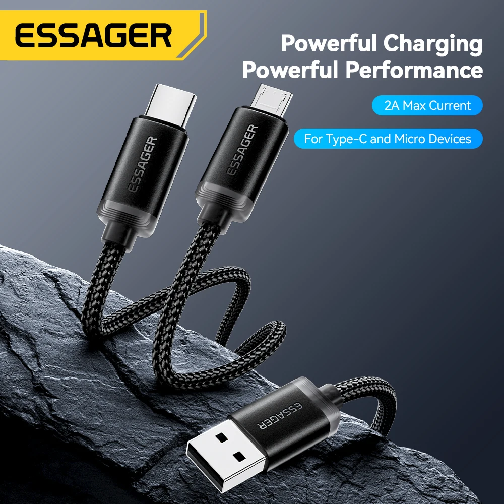 Essager USB C타입 마이크로 케이블, 고속 충전 데이터 케이블, 휴대폰 USB 충전기 코드, i2A, 2 in 1