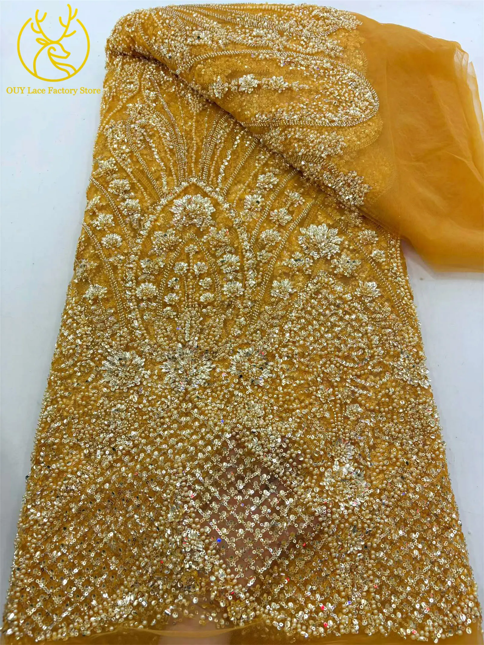 5 Yards afrikanischer schwerer Perlen-Pailletten-Netzstoff, goldener französischer Pailletten-Tüllstoff für wunderschöne Hochzeitskleider zum Nähen – Detail 11