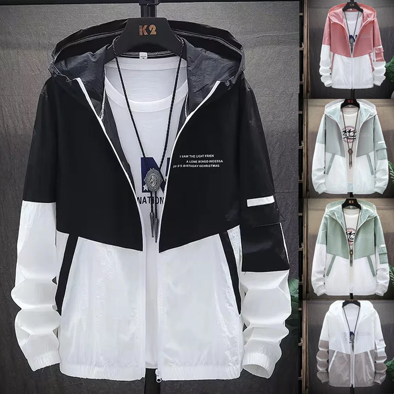 Camisa de protección solar de verano para hombre, chaqueta fina de secado rápido con capucha a prueba de viento, cárdigan informal y versátil con estampado de letras transpirables