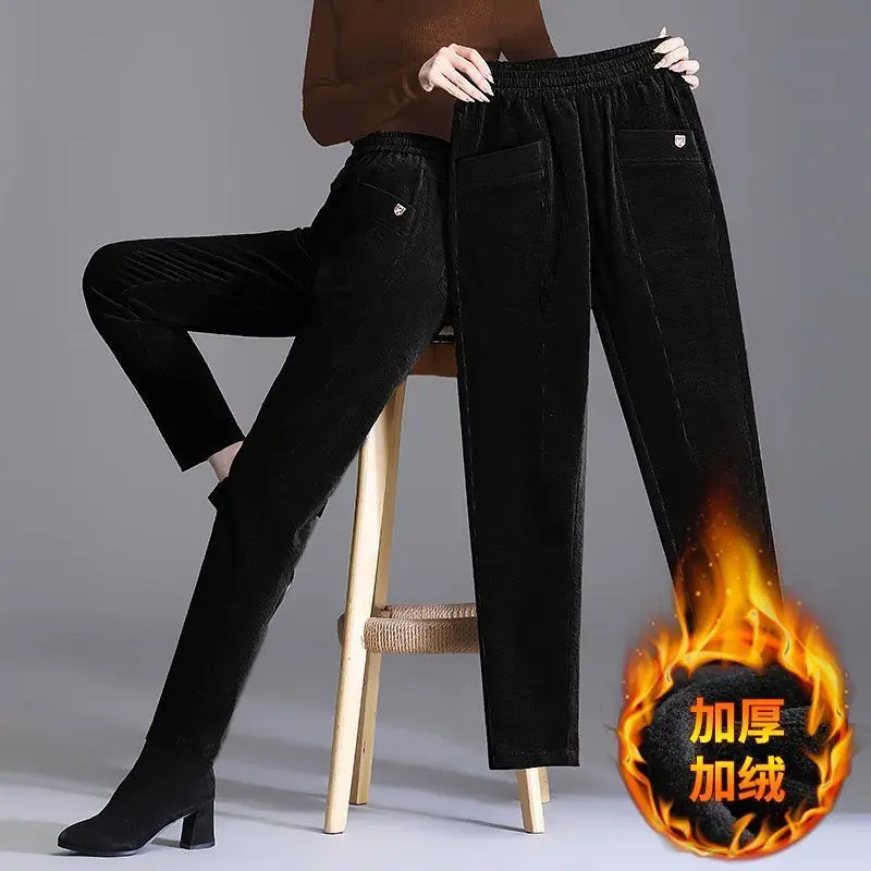 Winter Women\'s Elastic Waist Solid Pocket Sequined Striped Commuter Loose Slim Corduroy Pants Fashion Casual Harlan Pants