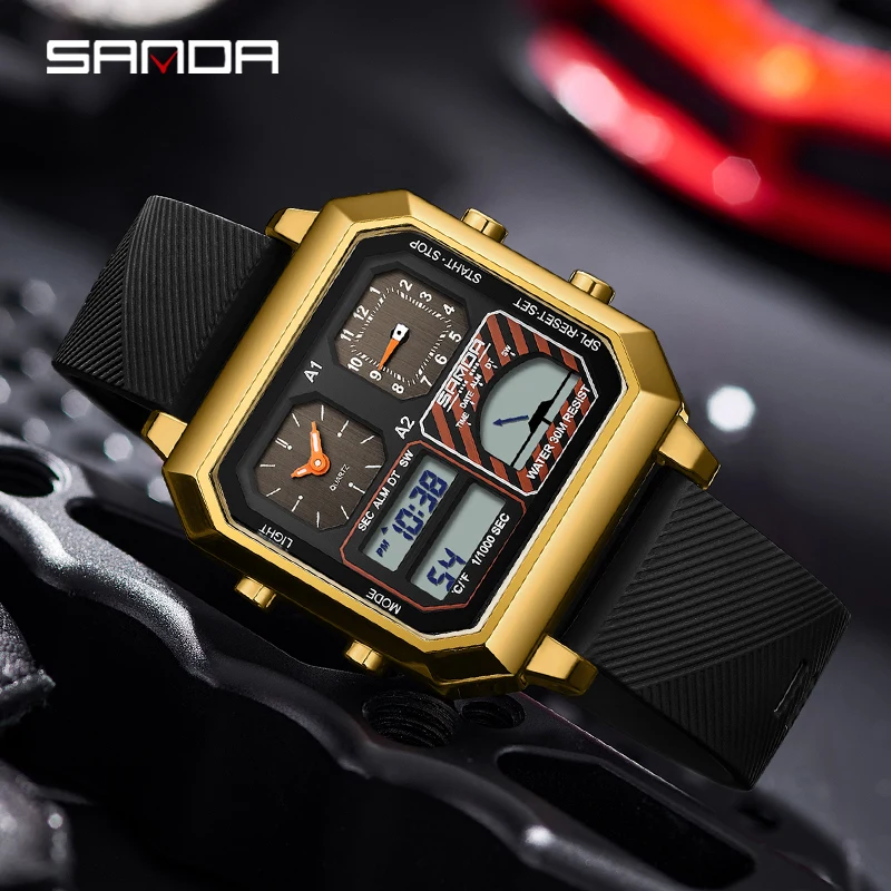 SANDA 6210 Smart Three Displays Watch Student Multifunctional Thermometer Luminous Date Outdoor Sports Electronic Men's watches