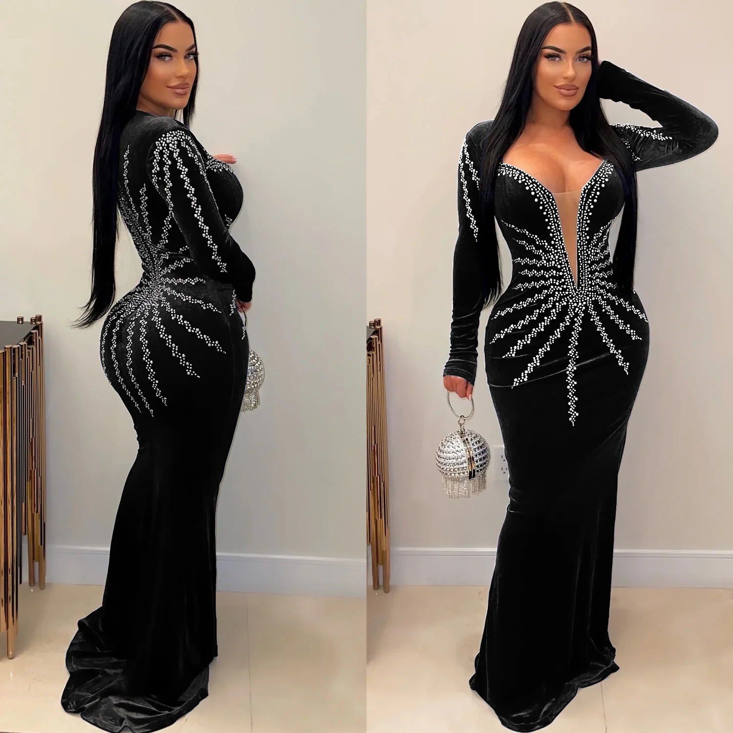 

2025 New Women's Clothing Sexy Nightclub Party Long-sleeved Dress Fishtail Dress