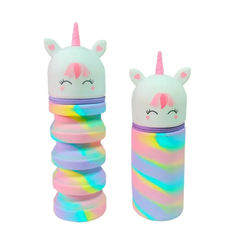 حافظة أقلام يونيكورن ملونة مستقيمة/قابلة للطي ذات سعة كبيرة من السيليكون حاوية أقلام لطيفة مقاومة للماء للطلاب