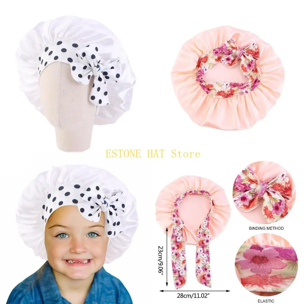 49MF Fashion Kids Color Satin Bonnet Girl Satin Night Sleep Cap Hair Care Cap