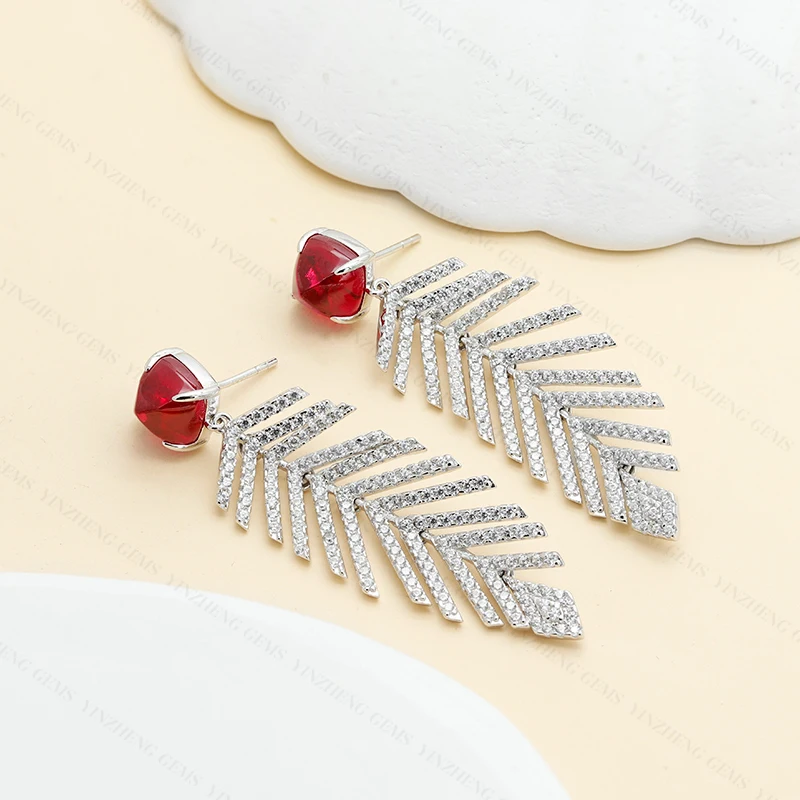 925 silver Retro lab grown ruby Flexible Leaf Pendants Female Dangle Earrings for women