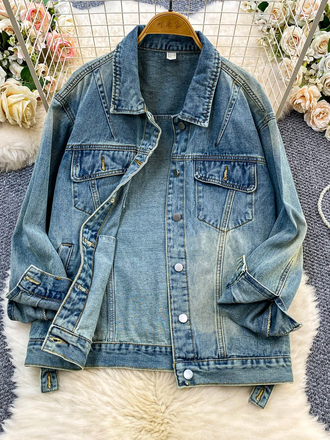 

Retro Hong Kong Sle Distred Denim Jaet Women's Loose Slimming Top Faionable Autumn Design Casual Loose Fit Jeans Jaet
