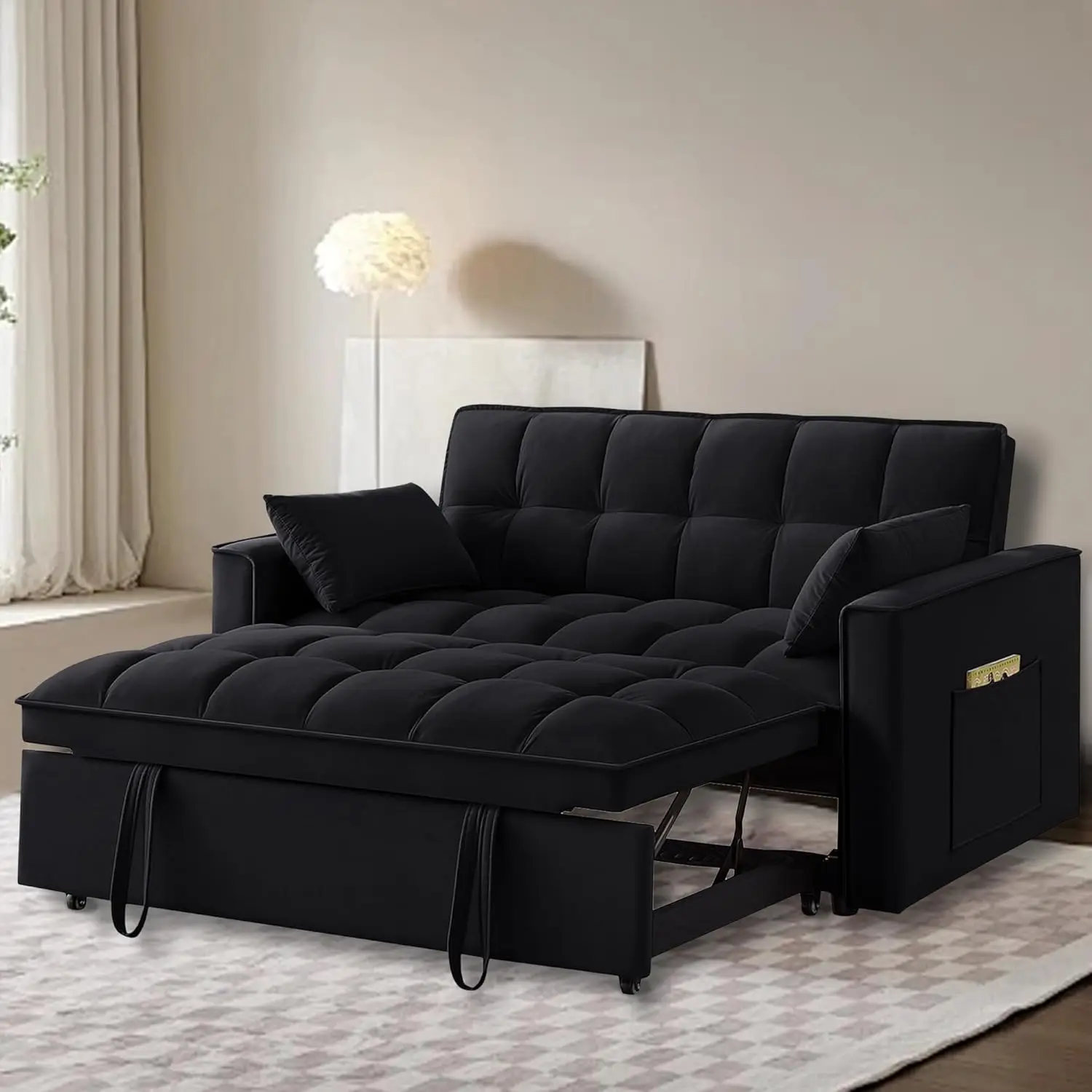 3 in 1 Sleeper Sofa Couch Bed, Velvet Convertible Sofa Bed with Armrests, Storage Pockets 2 Pillows, Modern Sofa Bed Couch