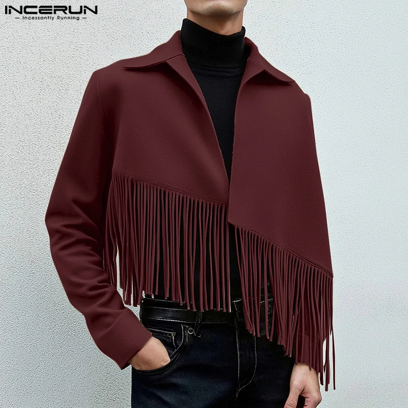 INCERUN Tops American Style Fashion Men's Diagonal Tassel Woolen Jackets Coat Casual Streetwear Male Solid Long Sleeved Jackets