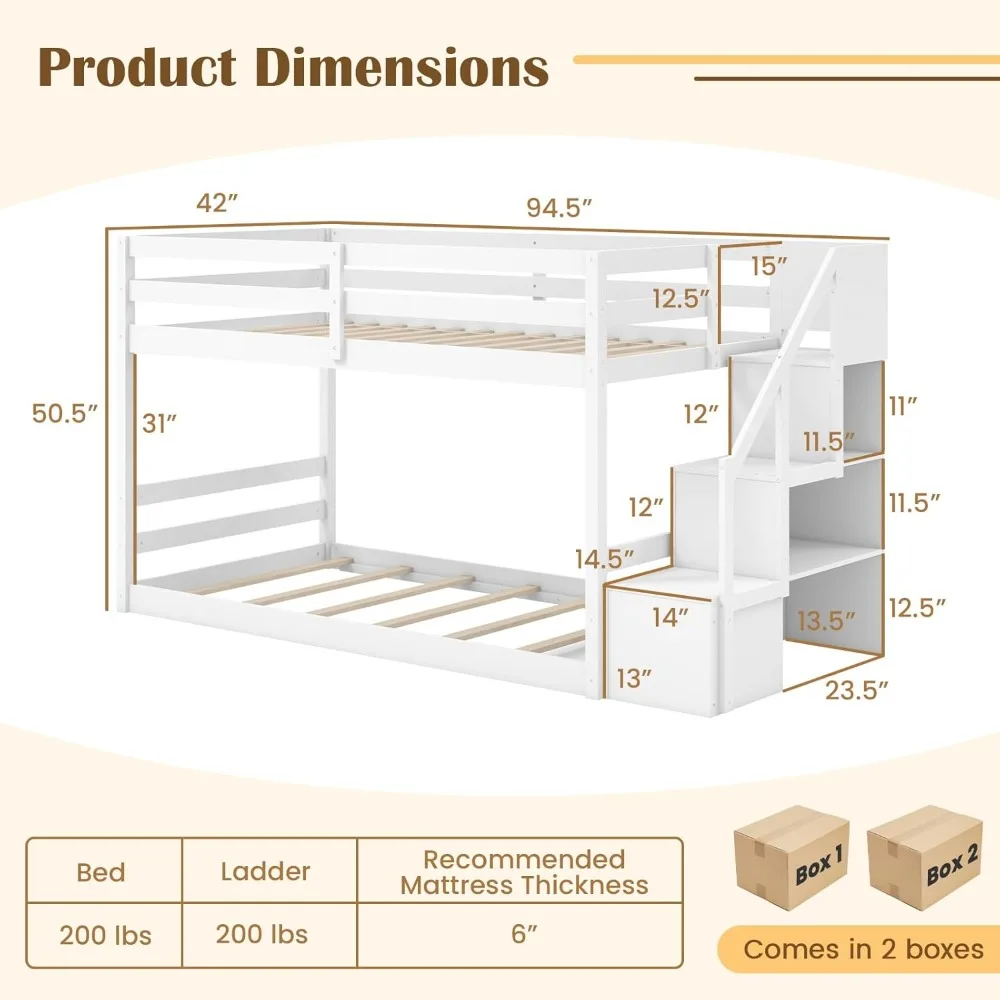 Twin Over Twin Bunk Bed with Stairs, Solid Wood Floor Bunk Bed with Storage Staircase & Full-Length Guardrails, Low Bunk Beds