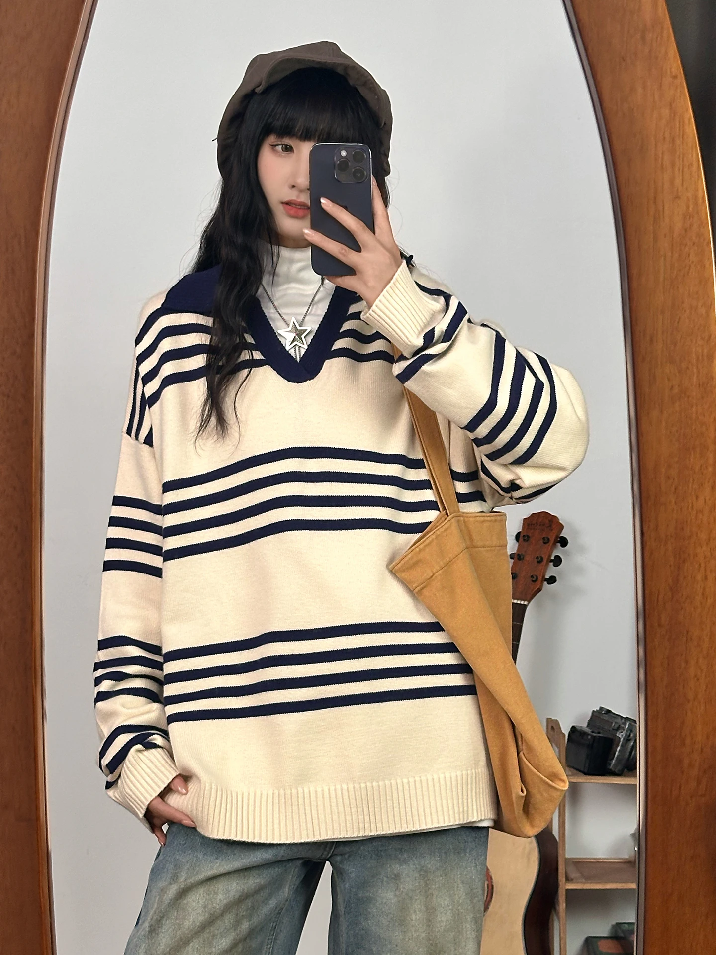 

Loose Fit Women's Long Sve Knitted Sweater Vintage American Striped Overhead Coat Autumn Trendy Casual Street Sle Knitwear