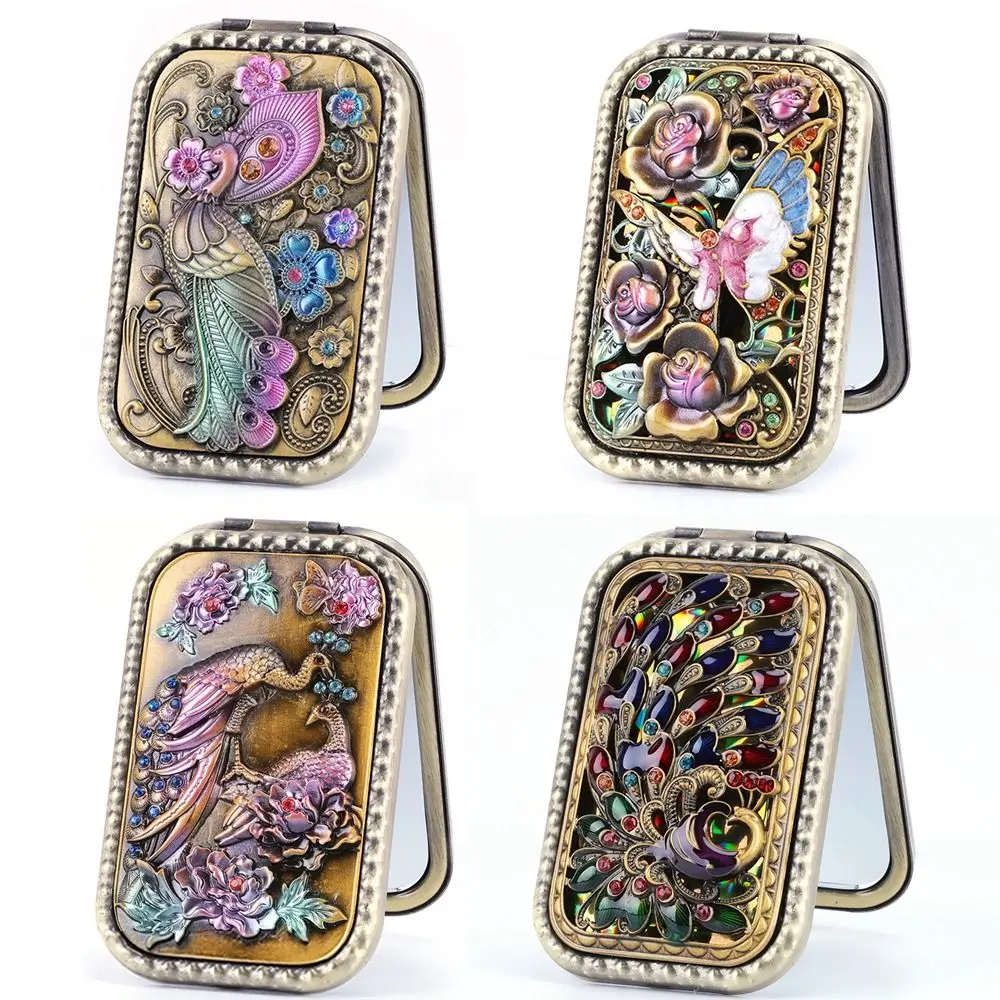 Luxury Vintage Makeup Mirror Retro Peacock Compact Pocket Mirror Double Sided Rhinestone Cosmetic Folding Mirror Women