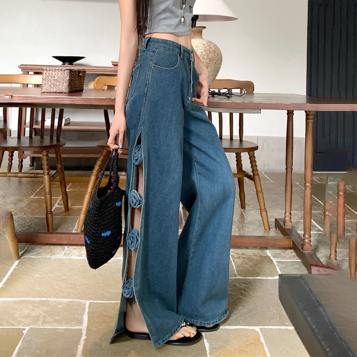 KWTX 2025 جينز نسائي أزرق عتيق بأرجل واسعة ثلاثي الأبعاد مزهّر بفتحة عالية مثير نمط الشارع أنيق مريح ربيع خريف جديد #5
