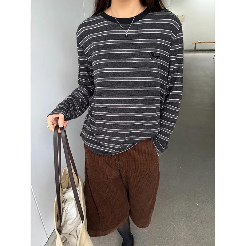 Autumn Puppy Print Striped T-Shirt Women Round Neck Long Sleeve Loose Casual Pullover Tops