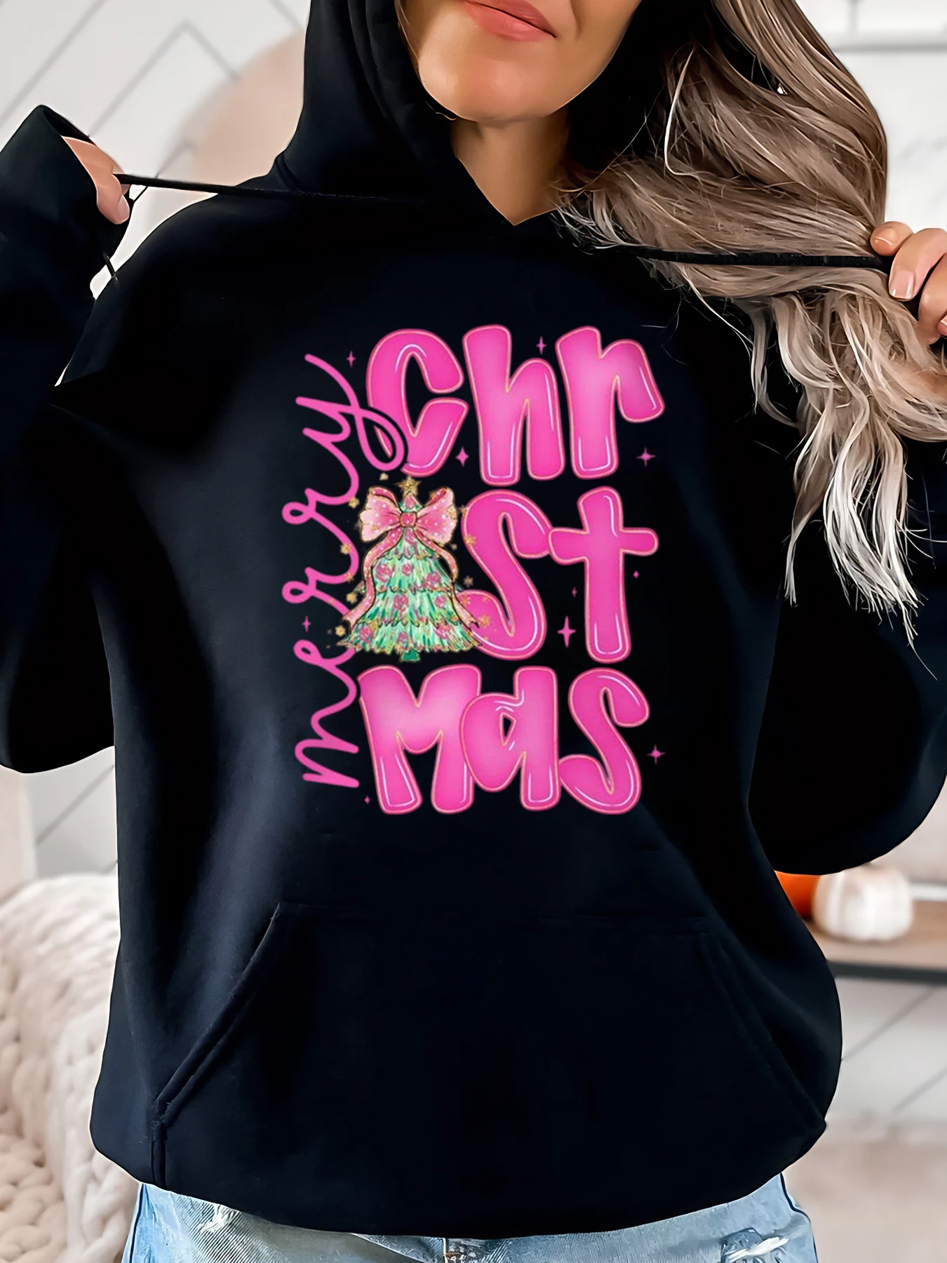 

Праздничная толстовка с принтом рождественской елки, женская повседневная зимняя одежда, черная, больших размеров