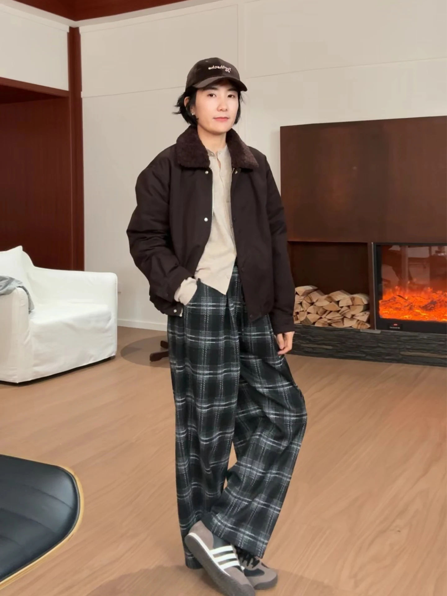 

Thiened Fce Woolen Casual Pants with Dstring Elastic Waist Patchwork Plaid Ladies Home Wear Warm Straight Leg Trousers