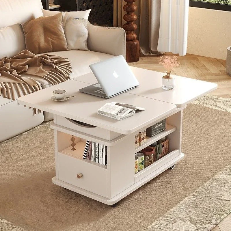 

Мобильная гостиная для маленькой квартиры: многофункциональный раскладной диван, тумба из массива дерева, подъемный журнальный столик.