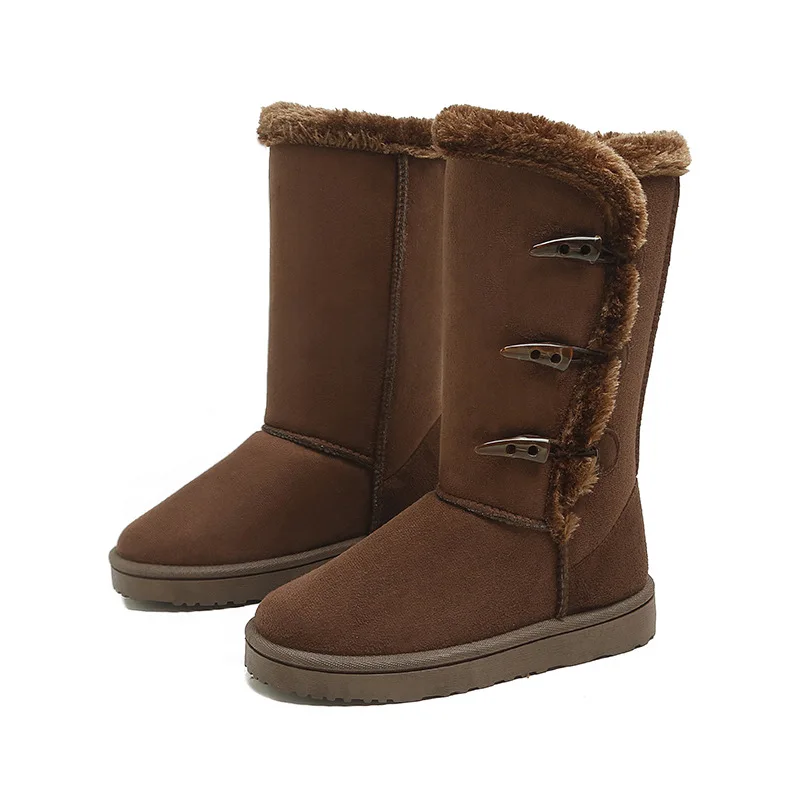 

Ladies' fluffy suede snow boots, warm boots with round toes and ox horn buckles, thick - soled cotton shoes autumn and winte