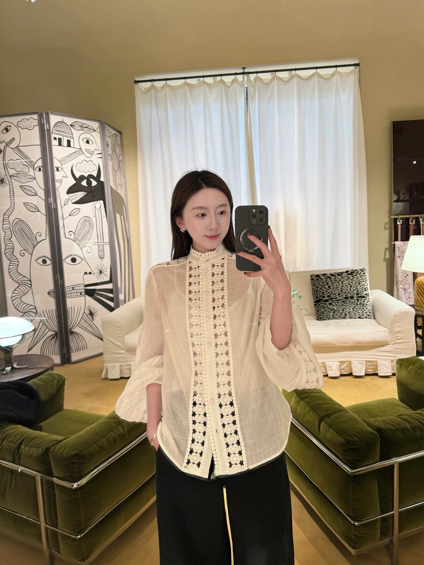 

Женская повседневная дышащая льняная рубашка Tina Fairy в римском стиле с кружевной отделкой, рукавом 3/4 и воротником-стойкой