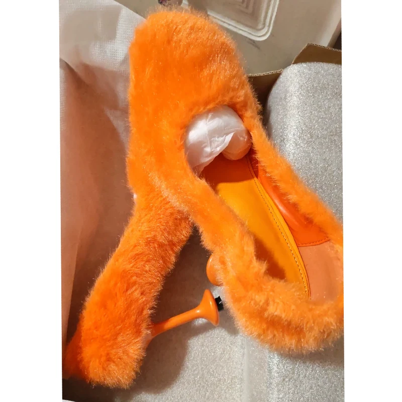 

Orange Fuzzy Round Toe Wine Glass Heels Pumps Woman 2026 Rhinestone Slip-On High Heel Shoes Shaped Heel Party Dress Shoes