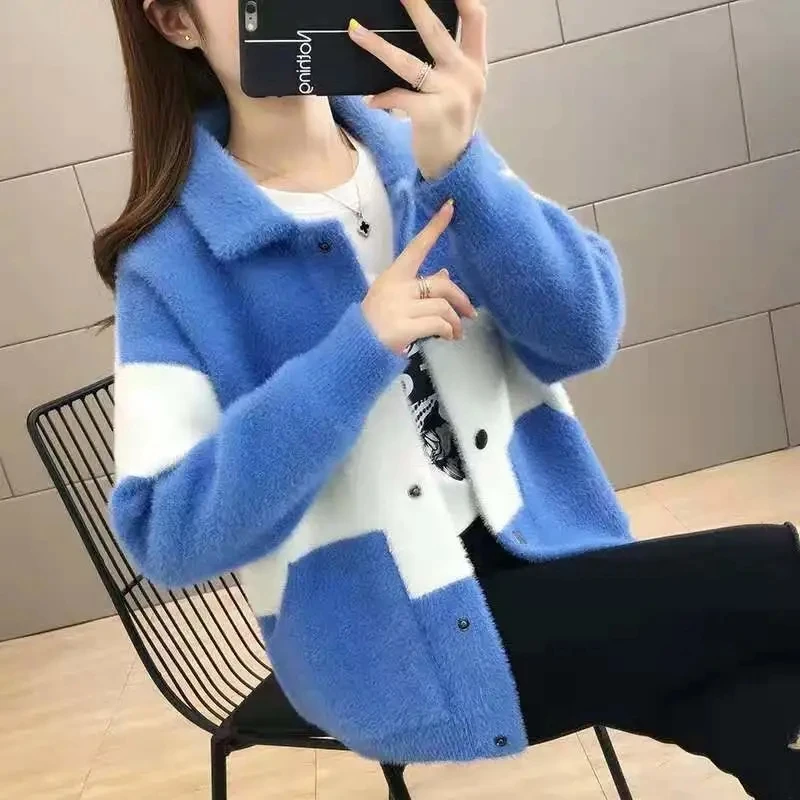 Imitation Mink Velvet Color Matching Coat Women's 2022 Mew Autumn And Winter Fashion Korean Version Student Loose Woolen Jacket