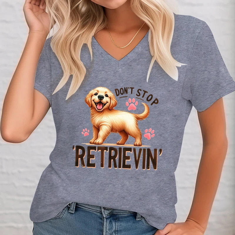 Women\'s T-Shirt Cute Golden Retriever Dog Short Sleeve V-Neck Shirt Fashion Loose Short Sleeve Tee Funny Dog Paw Pattern T Shirt