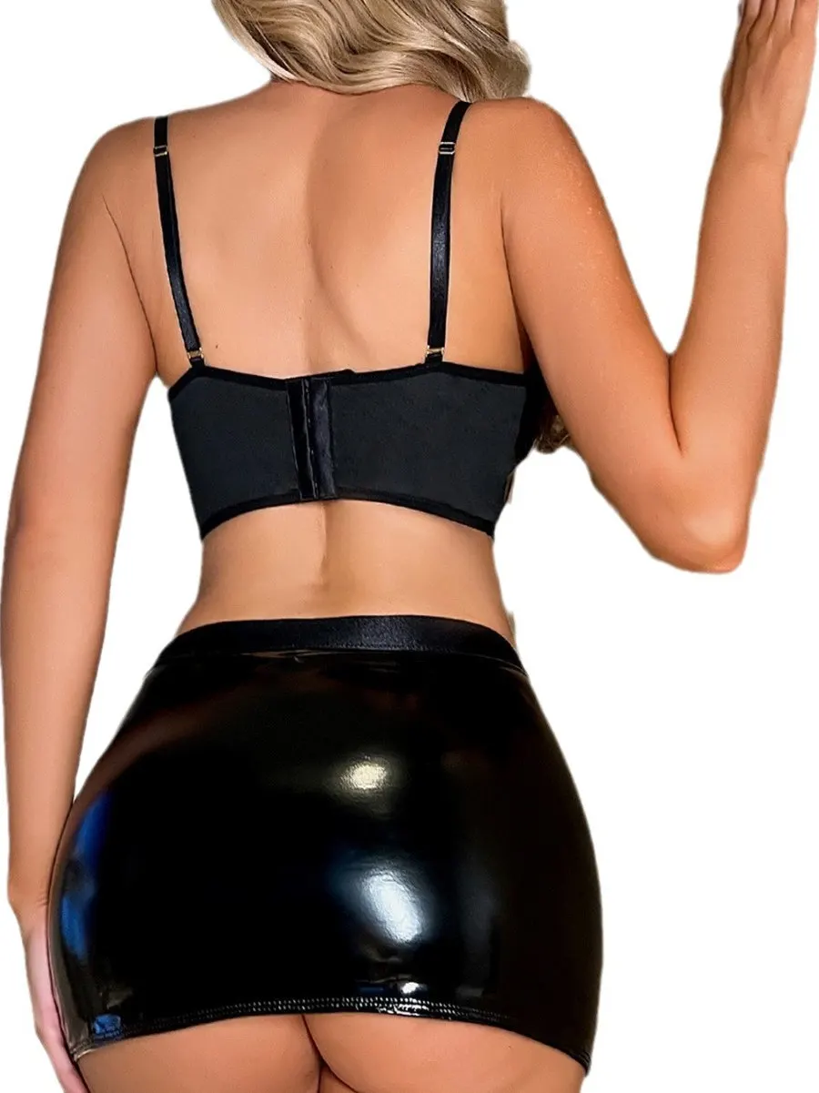 مثير الفينيل المحاصيل الأعلى وتنورة ort مجموعة مع حزام ملهى ليلي مرونة orm Faionable قطعتين المرأة الصيف البوليستر #3