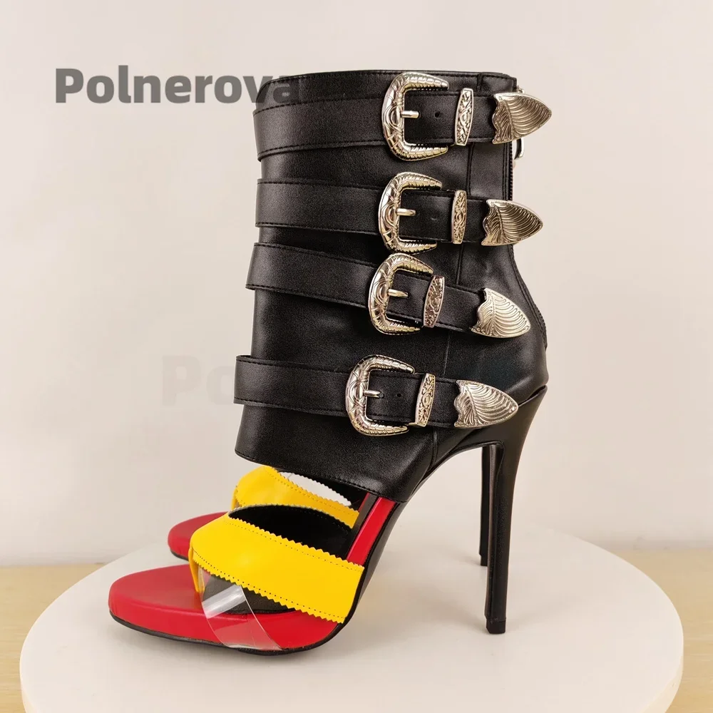 

Metal Buckle High Heel Sandals Boot Women Open Toe Flip Flop Stiletto Heel Back Zipper Color Block Ladies Shoes Summer Sandals