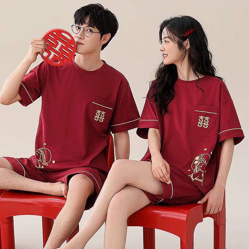 High Quality Couple Pajama Set Summer Short Sleeve Pyjamas Knited Cotton Men and Women Casual Sleepwear