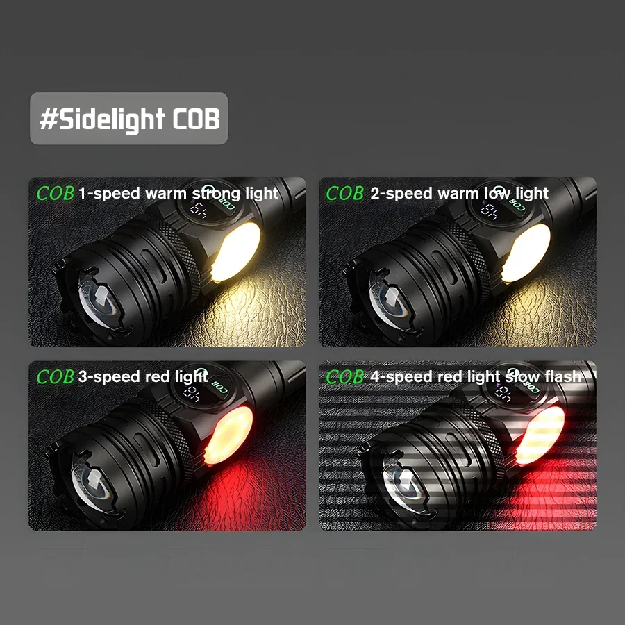 High Power LED Flashlights USB Rechargeable Flashlight Tactical Zoom Spotlight COB Dual Light Source Torch Outdoor Searchlight