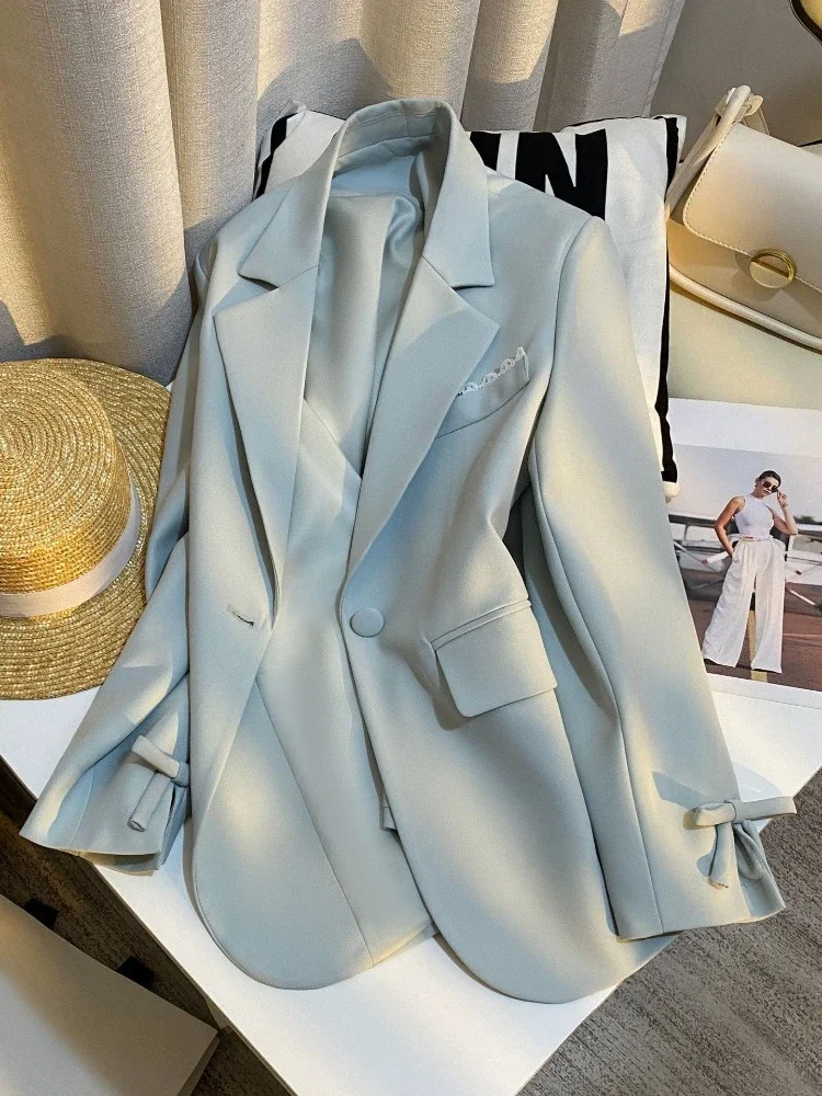 2026 Women Blue Blazer Spring Bow Sleeve Cuff Elegant Ladylike Unique Suit Jacket Versatile Coat