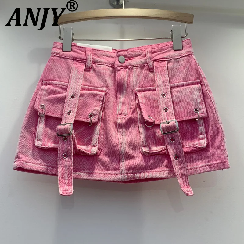 

ANJY Summer New Women Chic Y2K Sweet Streetwear Hot Ins Trendy Casual Safari Style Pocket A-line Slimming Denim Mini Skirt A7686