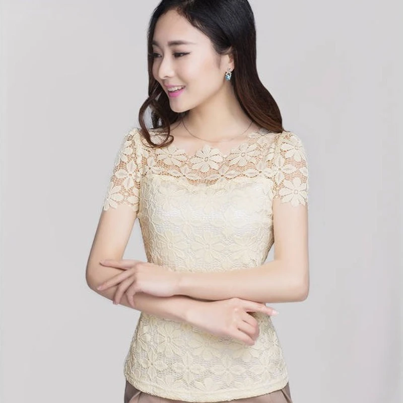 여름 여성 섹시 플로럴 레이스 슬림핏 셔츠 여성 우아한 캐주얼 반팔 티셔츠 탑